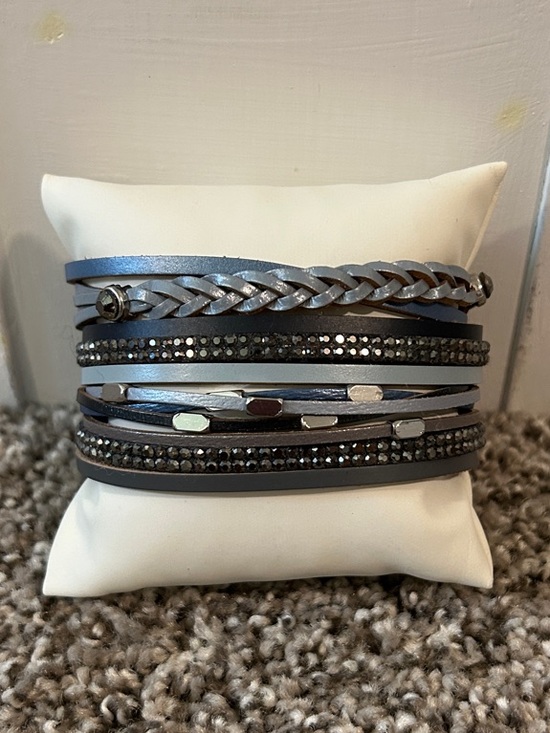 Jewelry - Multi-Row Metallic Gray Wrap Bracelet with Crystals